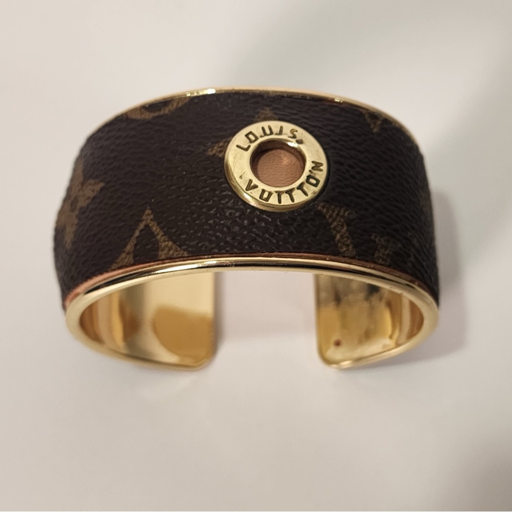 Louis Vuitton Monogram Canvas Eyelets Gold Cuff Bangle Bracelet Vachetta Leather